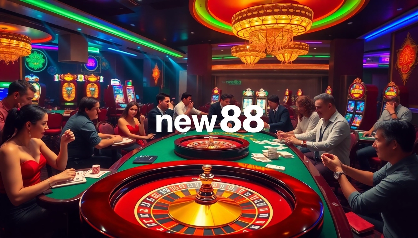 New88 players enjoying a thrilling game at an upscale casino table with bright lights.