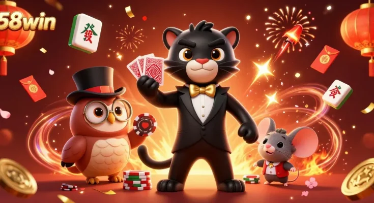 Experience the excitement of 58win in a vibrant casino scene featuring animated characters and game elements.