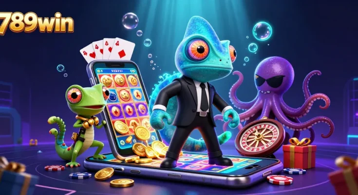 Experience the thrill of 789win with an action-packed scene featuring a Bond-style chameleon and gaming elements.