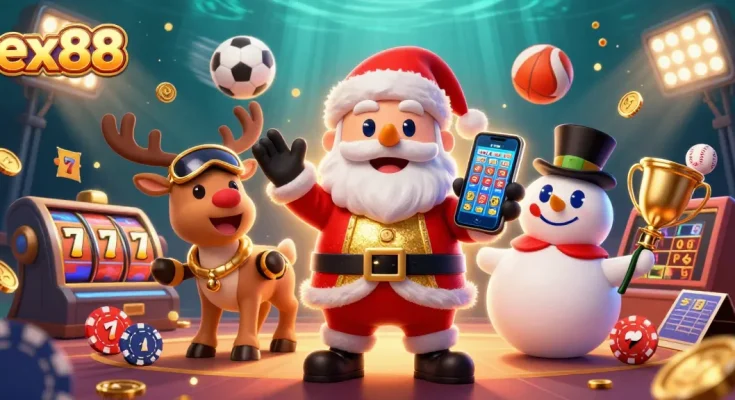 Win big with ex88 as Santa, his reindeer, and a snowman celebrate at a vibrant jackpot casino.