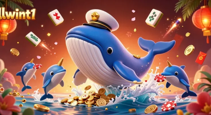 Experience the vibrant world of llwint1 with a gigantic whale and playful dolphins in a dynamic casino scene.