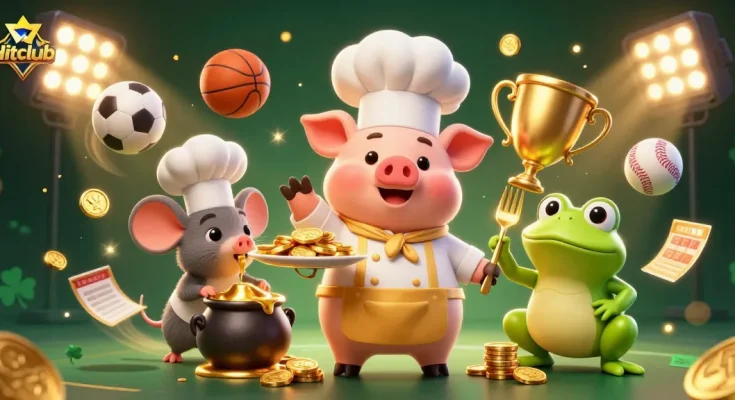 Hitclub's vibrant casino experience illustrated with a chef pig and golden coins, showcasing dynamic gambling elements.