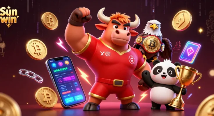 Engage with exciting gameplay at Sun win, featuring a vibrant casino scene with thrilling characters and crypto elements.