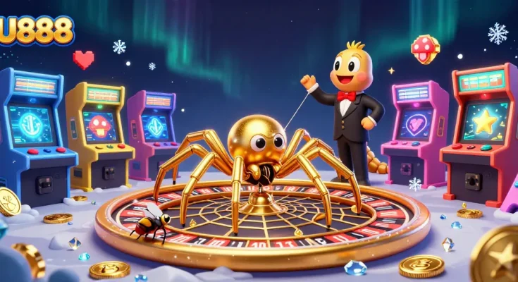 U888 integrates vibrant casino aesthetics with a dynamic spider and fly illustration, enhancing engagement.