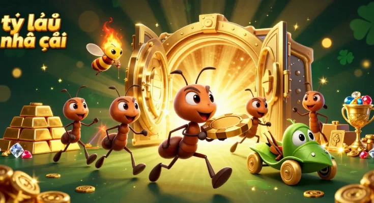 Engage with tỷ lệ nhà cái in a vibrant heist-themed casino illustration with ants, gold, and gems.