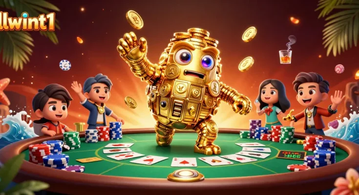 Experience thrilling gambling with llwint1 in this vibrant casino scene featuring a golden golem.