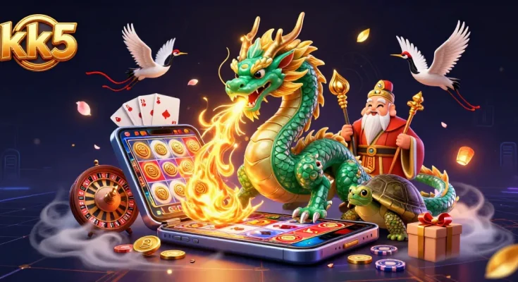 Engage in thrilling games at kk5 with dragons and fortune symbols radiating energy.