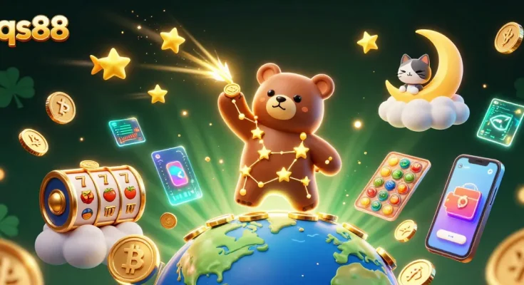 Engage with the qs88 casino adventure as the constellation bear scoops coins amidst vibrant slot elements and crypto graphics.
