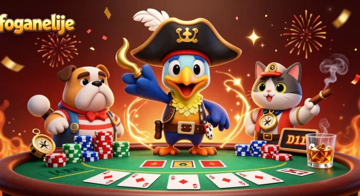 Engage with foganelije as the pirate captain commands thrilling poker action with unique characters.