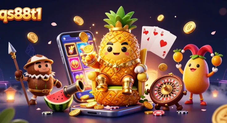 Experience thrilling gameplay at qs88t1 with vibrant 3D illustration showcasing the golden pineapple king and gaming elements.