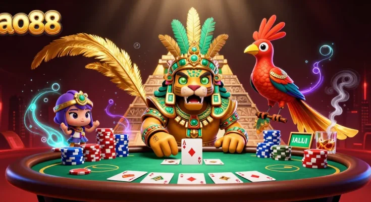 Play exciting games at ao88 with a vibrant 3D casino scene featuring colorful poker elements.