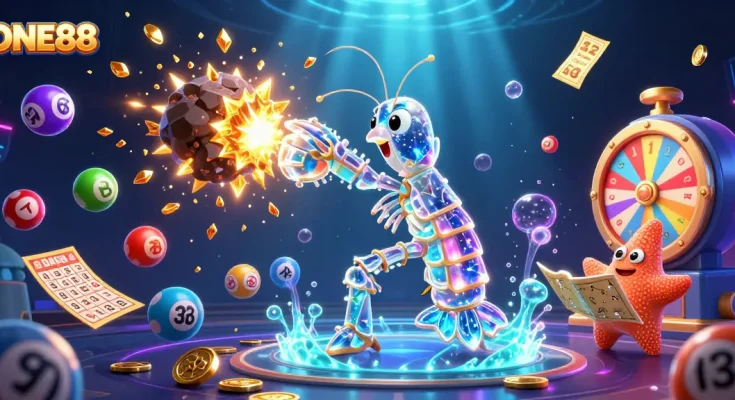 Experience thrilling gaming with ONE88's vibrant lottery and casino elements illustrated in rich detail.