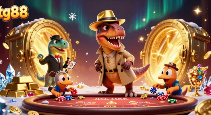 Experience high-stakes action with tg88 at a blackjack table featuring playful dinosaurs in this vibrant casino scene.