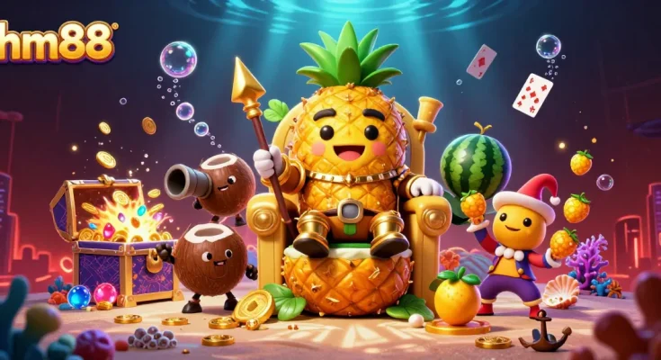 Join the adventure at hm88 with the golden pineapple king and friends in a vibrant casino scene.