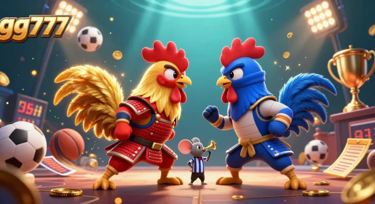 Engage with gg777's thrilling action featuring two roosters in combat, with dynamic sports elements enhancing excitement.