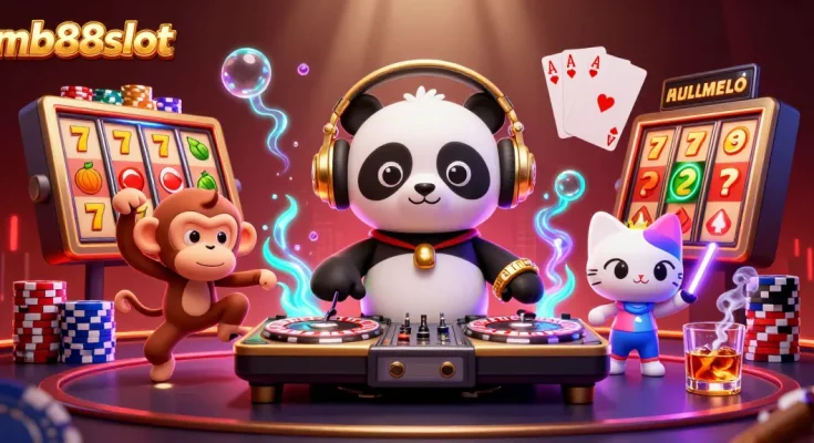 Experience thrilling gaming action with mb88slot featuring DJ panda, breakdancing monkey, and glow-stick kitten.