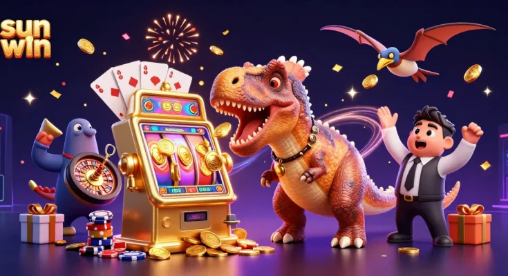 Experience sun win with a cartoon dinosaur celebrating jackpot wins on a slot machine surrounded by casino elements.