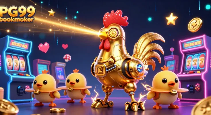 Engage with the PG99 bookmaker through vibrant casino-themed illustration featuring a unique golden rooster robot.