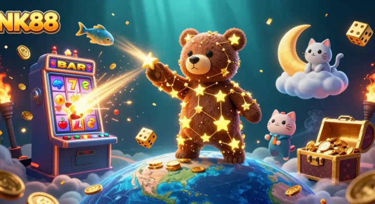 Win big with NK88 in a vibrant casino scene packed with golden stars and jackpot elements.