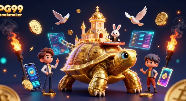 Engage with PG99 bookmaker in a vibrant 3D casino world filled with animated gaming elements.