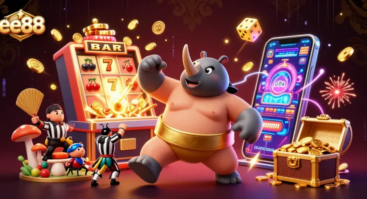 Watch the 3D sumo champion beetle celebrate winning at ee88 with flying coins and vibrant casino symbols.