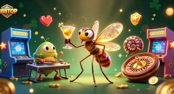 Enjoy thrilling gameplay at 888TOP with a dynamic digital casino scene featuring a lively mascot and interactive elements.