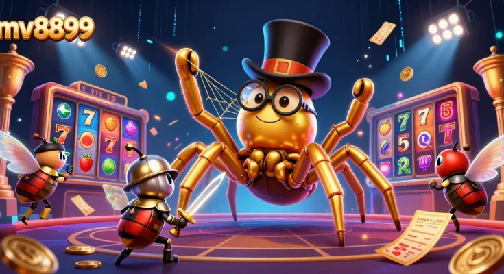 Experience the thrill of mv8899 slots with a vibrant 3D illustration featuring animated characters and casino elements.