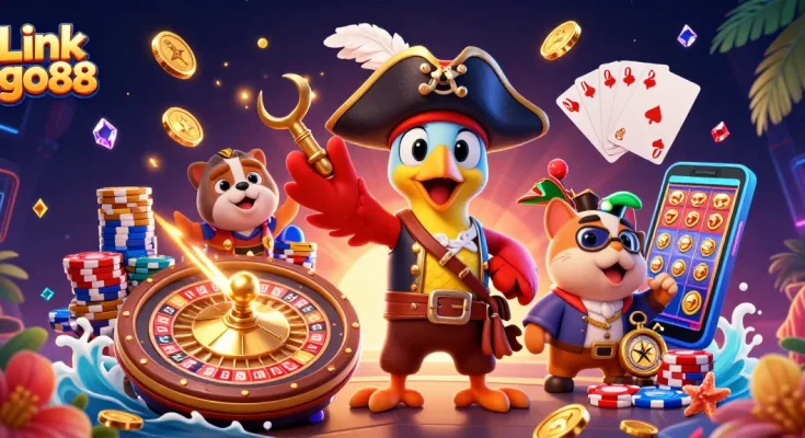 Experience the excitement of Link go88 with a dynamic 3D casino scene showcasing vibrant game elements and characters.