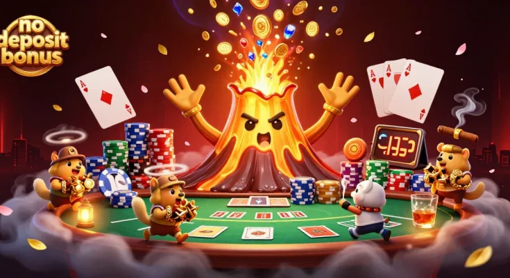 Experience thrilling action with the no deposit bonus, as golden volcanoes erupt and treasures fly in this vibrant casino scene.