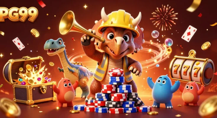 Engage in gaming adventures at PG99 with vibrant visuals of celebrating dinosaurs, jackpot slots, and treasures.
