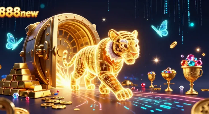 Engage with the thrilling energy of 888new, showcasing a neon tiger and dazzling casino treasures.