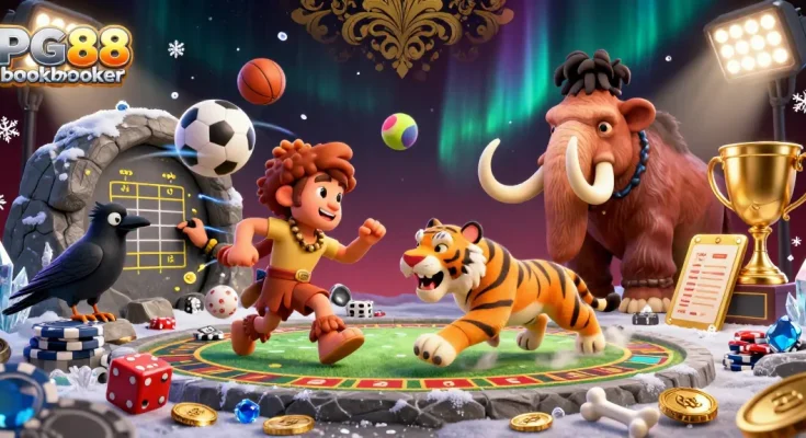 Experience the excitement with PG88 bookmaker at this vibrant prehistoric casino scene.