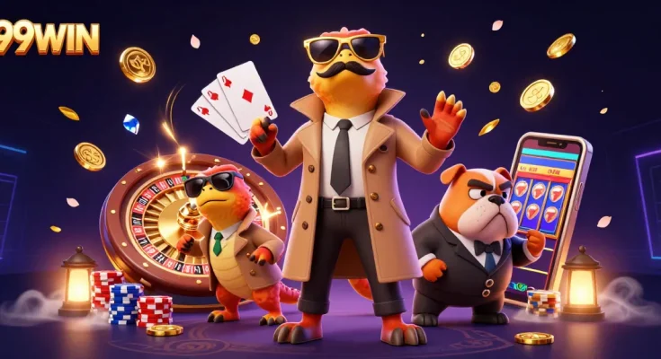 Experience fun gambling action with 99WIN in a colorful VIP casino scene featuring three clever raptors.