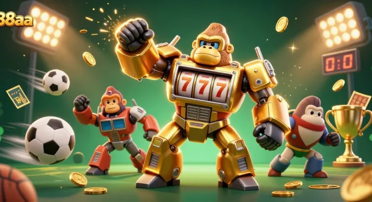 Experience excitement with 88aa's golden gorilla mech and sports elements in a thrilling casino scene.