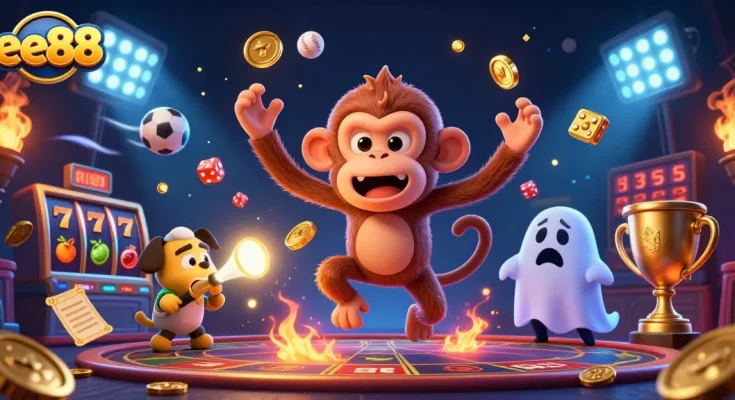Experience the thrill of ee88 with cartoon characters in a vibrant casino scene full of action and excitement.