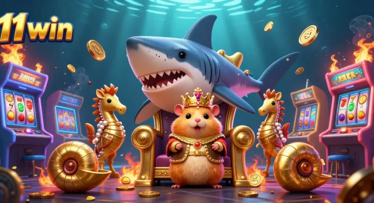 Spin the slots at 11 win with a fierce hamster king and his seahorse guards in an exciting casino game scene.