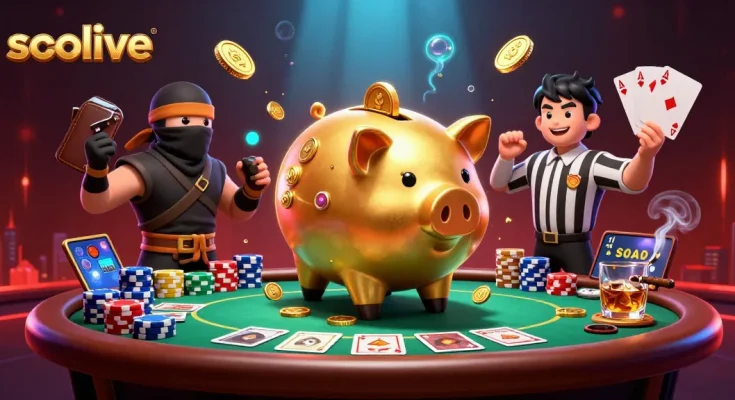 Socolive showcases an energetic scene with cartoonish characters in a lively gambling environment, depicting the excitement of gaming.