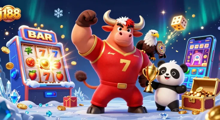 Experience the excitement of j188 slots featuring a dynamic bull mascot, eagle, and a cheerful panda.