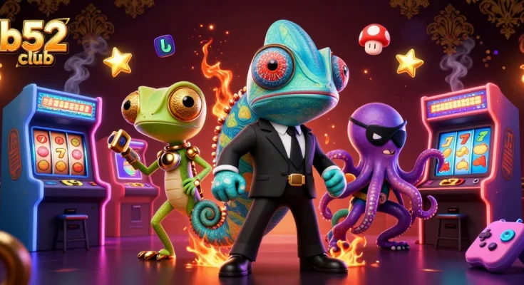 Bets come alive at b52 club with a vibrant, energetic casino scene showcasing animated characters and games.