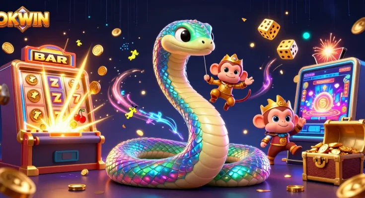 Experience the magic of OKWIN with a vibrant 3D illustration showcasing dynamic casino elements.