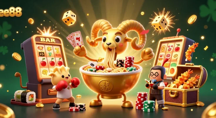 ee88 characters join in thrilling casino action with a vibrant 3D illustration showcasing slots and golden treasures.
