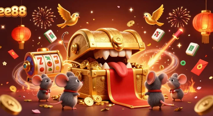 Play at ee88 and win big with our vibrant 3D slot games featuring treasure chests and festive elements.