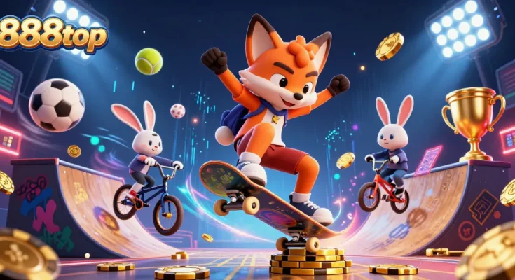 Experience exciting gaming with 888top, featuring a vibrant 3D scene of animated characters and casino elements.