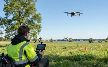 Usługi dron olsztyn - operator drona w malowniczym krajobrazie Olsztyna, obsługujący UAV z zachowaniem bezpieczeństwa.