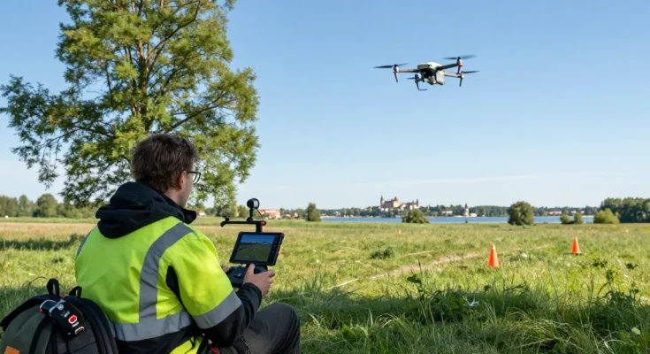 Usługi dron olsztyn - operator drona w malowniczym krajobrazie Olsztyna, obsługujący UAV z zachowaniem bezpieczeństwa.