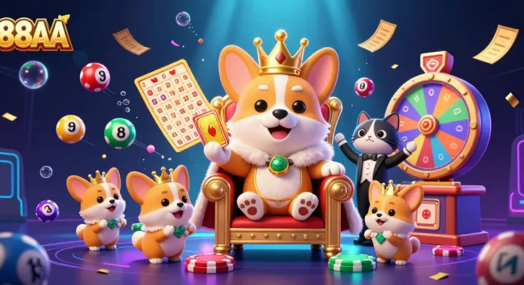 Experience the excitement of 88AA casino with a vibrant, colorful illustration of a royal corgi surrounded by gaming elements.