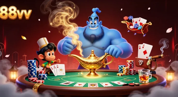 Engage in thrilling poker action at 88vv with an exciting casino scene featuring a genie, monkey, and magic carpet.