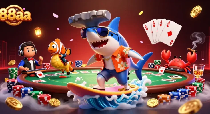 Experience thrilling casino action with 88aa in this vibrant 3D scene featuring poker elements.