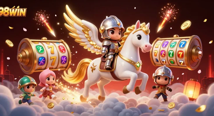 Experience the thrilling world of 98WIN with a stunning 3D scene featuring a celestial horse and exciting slots.