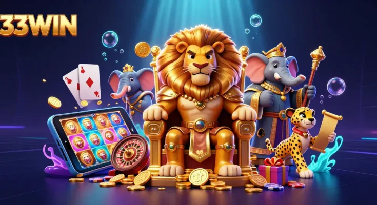 Experience the thrill of winning at 33WIN with a vibrant 3D casino scene featuring a lion king, elephant advisor, and cheetah messenger.